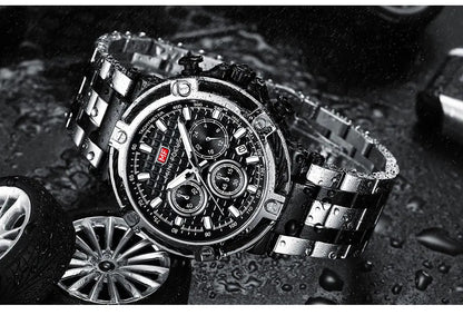 MINI FOCUS Analog Quartz Dress Watch Men Silver Blue Stainless Steel Band Chronograph Luminous Wristwatch with Date 24-hour 0470