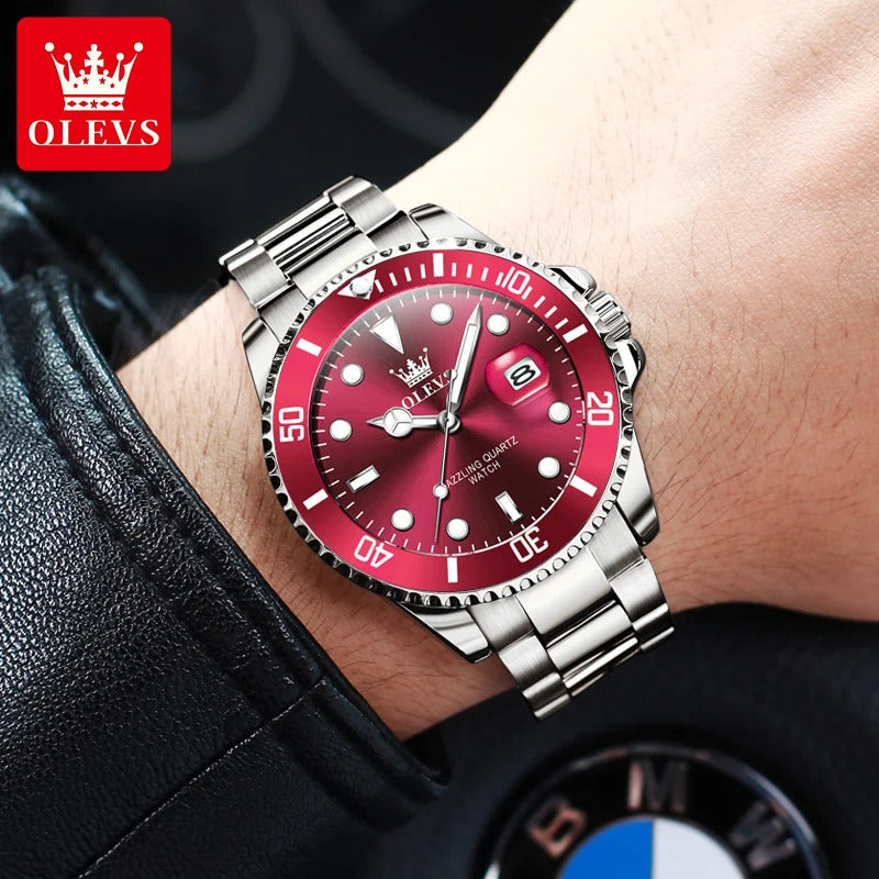 OLEVS 5885 Luxury Men Watch Diving Series Deep Waterproof Auto Date Stainless steel NEW Red Dial Original Wristwatch