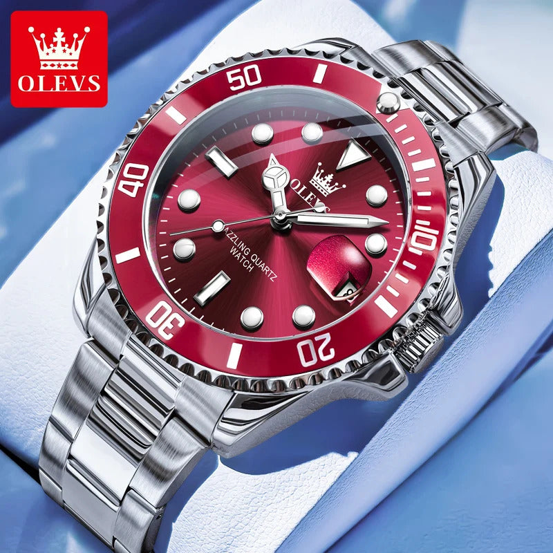 OLEVS 5885 Luxury Men Watch Diving Series Deep Waterproof Auto Date Stainless steel NEW Red Dial Original Wristwatch