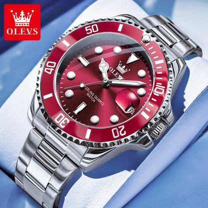OLEVS 5885 Luxury Men Watch Diving Series Deep Waterproof Auto Date Stainless steel NEW Red Dial Original Wristwatch