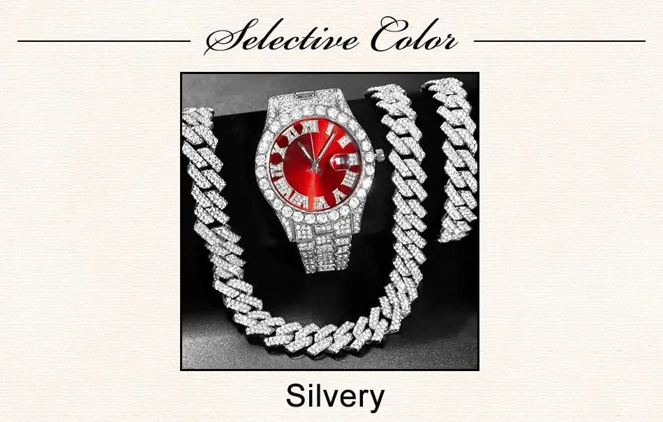 Fashion Rhinestone Wrist Watch Hip Hop 14MM Prong Cuban Chain Rapper Cuban Necklaces Set For Men and Women Punk Party Gift