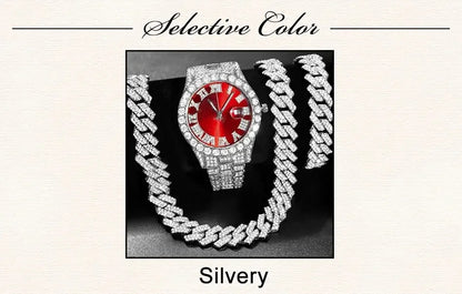 Fashion Rhinestone Wrist Watch Hip Hop 14MM Prong Cuban Chain Rapper Cuban Necklaces Set For Men and Women Punk Party Gift