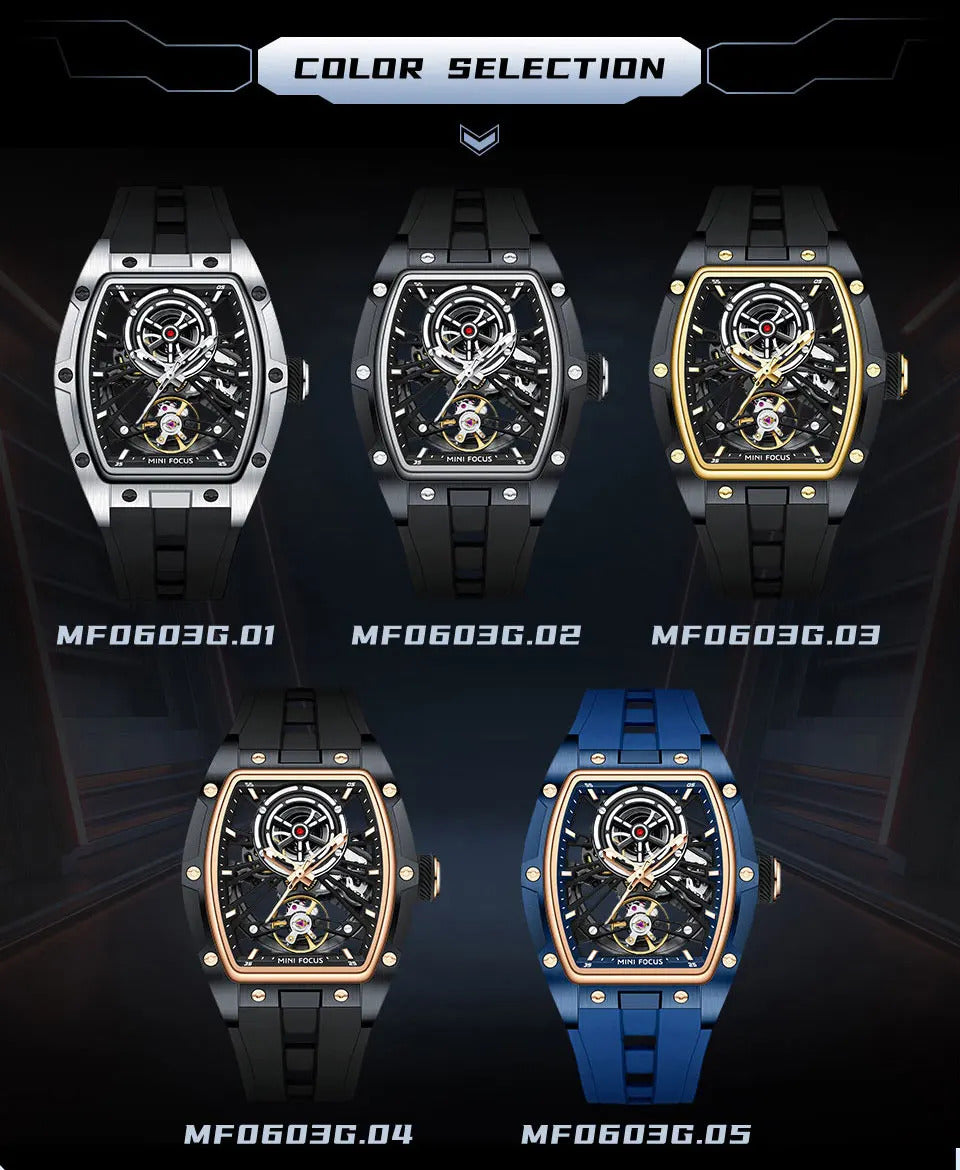 MINI FOCUS Men Wristwatch Fashion Black Waterproof Automatic Mechanical Watch with Luminous Hands Silicone Strap Tonneau Dial