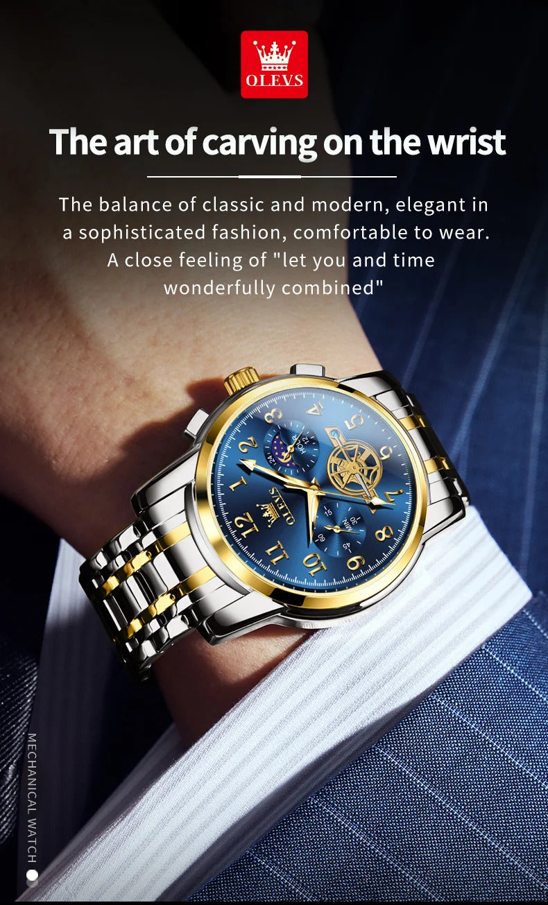 OLEVS 2900 Moon Phase Watch Men Stainless Steel Waterpoof Luminous  Fashion Skeleton Chronograph Quartz Wrist Watch for Men NEW