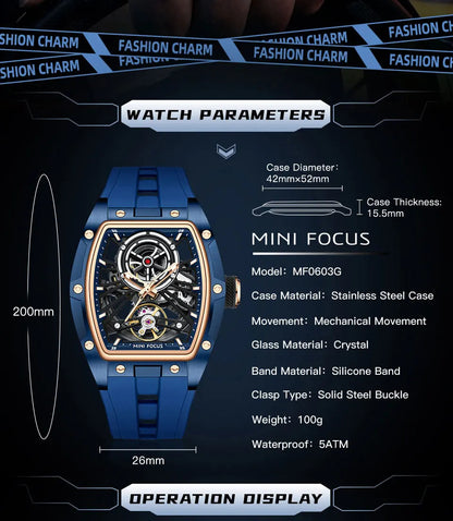 MINI FOCUS Men Wristwatch Fashion Black Waterproof Automatic Mechanical Watch with Luminous Hands Silicone Strap Tonneau Dial