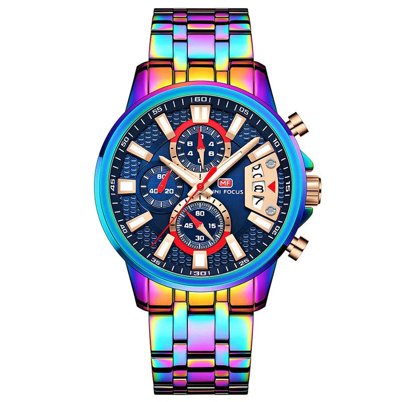 MINI FOCUS Chronograph Quartz Watch for Men with Stainless Steel Bracelet Luxury Sport Analog Wristwatch with Date Black Purple