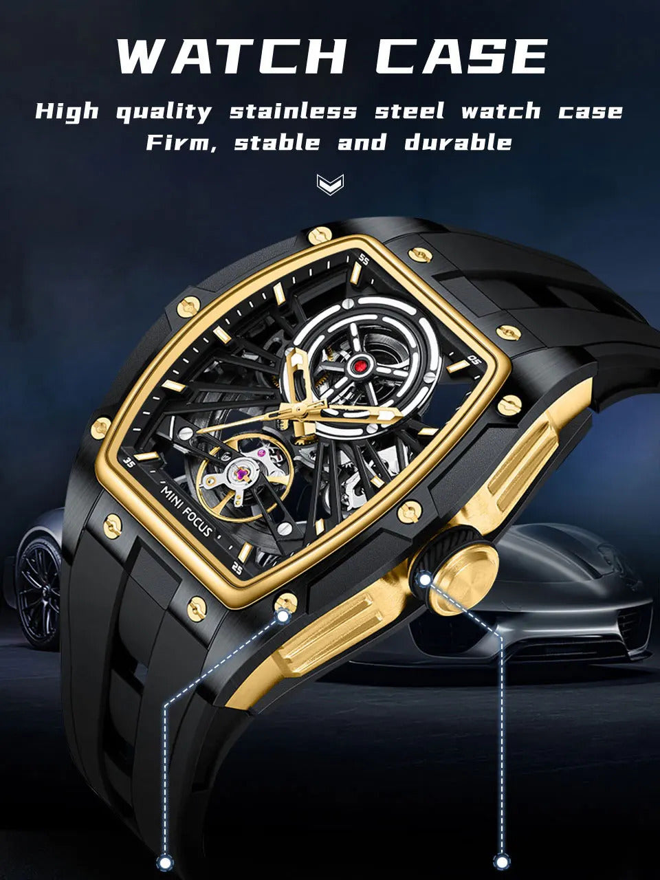 MINI FOCUS Men Wristwatch Fashion Black Waterproof Automatic Mechanical Watch with Luminous Hands Silicone Strap Tonneau Dial