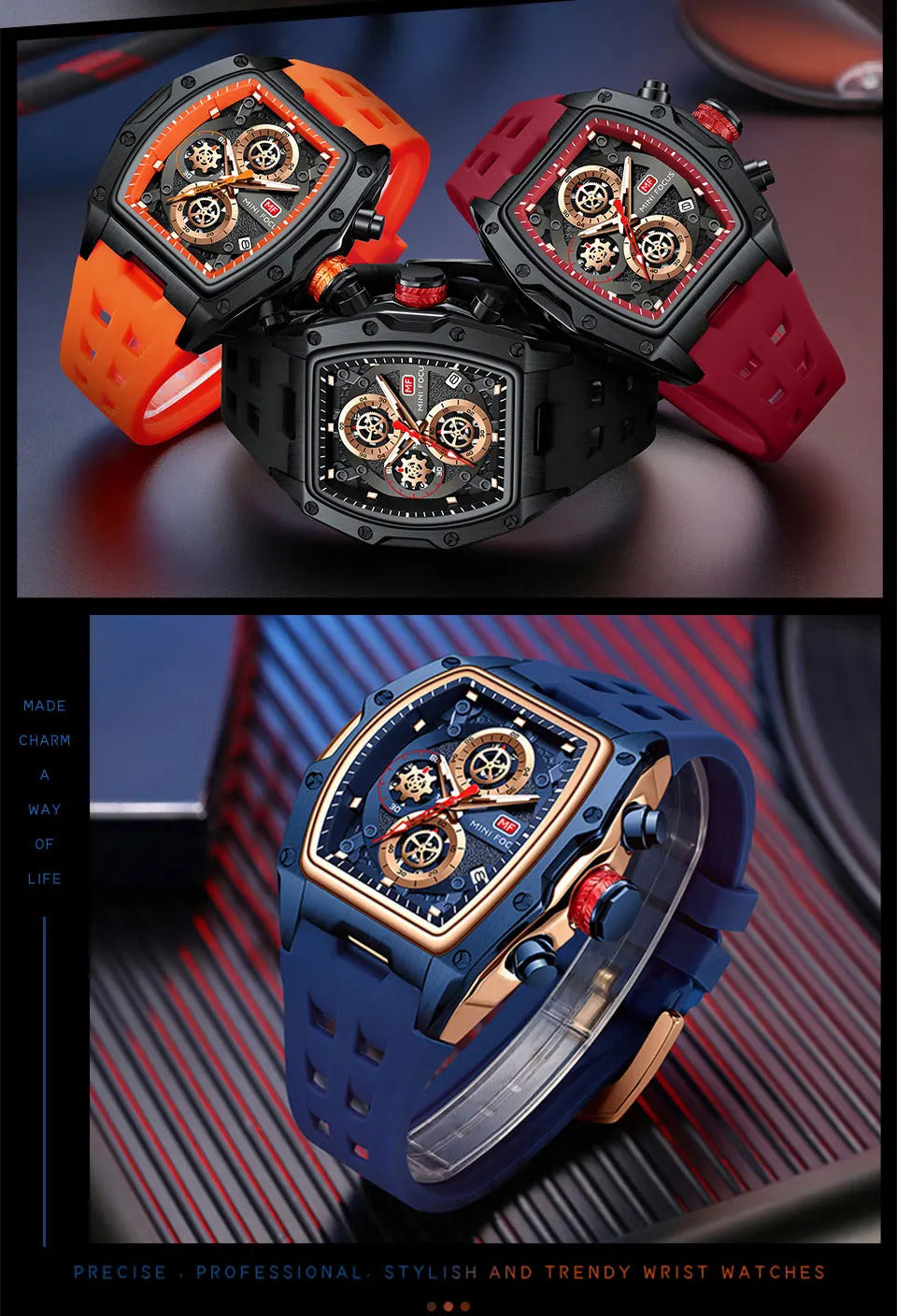 MINI FOCUS Blue Quartz Watch Men Fashion Military Sport Chronograph Wristwatch with Luminous Hands Auto Date Silicone Strap