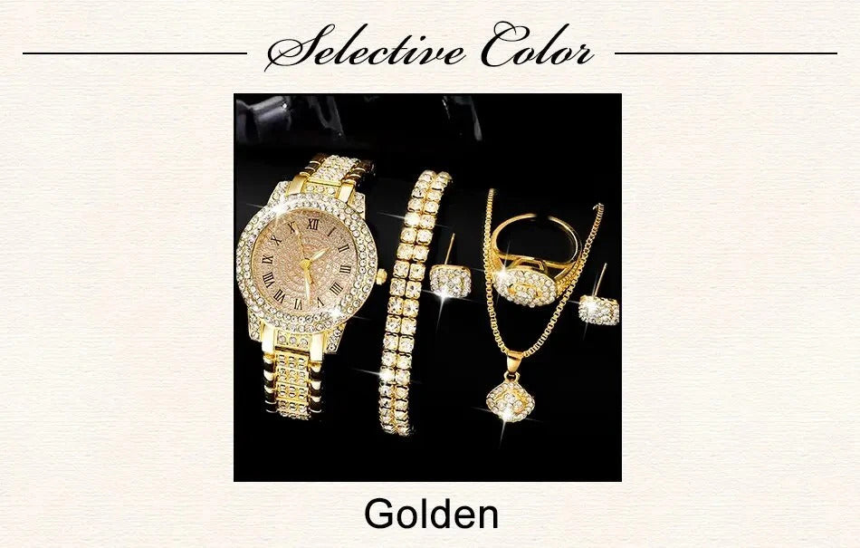 6 Pack Women's Watches Luxury Elegant Alloy Watches Women Crystal Watch Gift Quartz Watch Alloy Rhinestone Bracelet Montre