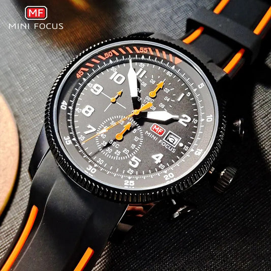 MINI FOCUS Sport Quartz Watch for Men Fashion Waterproof Chronograph Wristwatch with Blue Silicone Strap Auto Date Luminous 0379