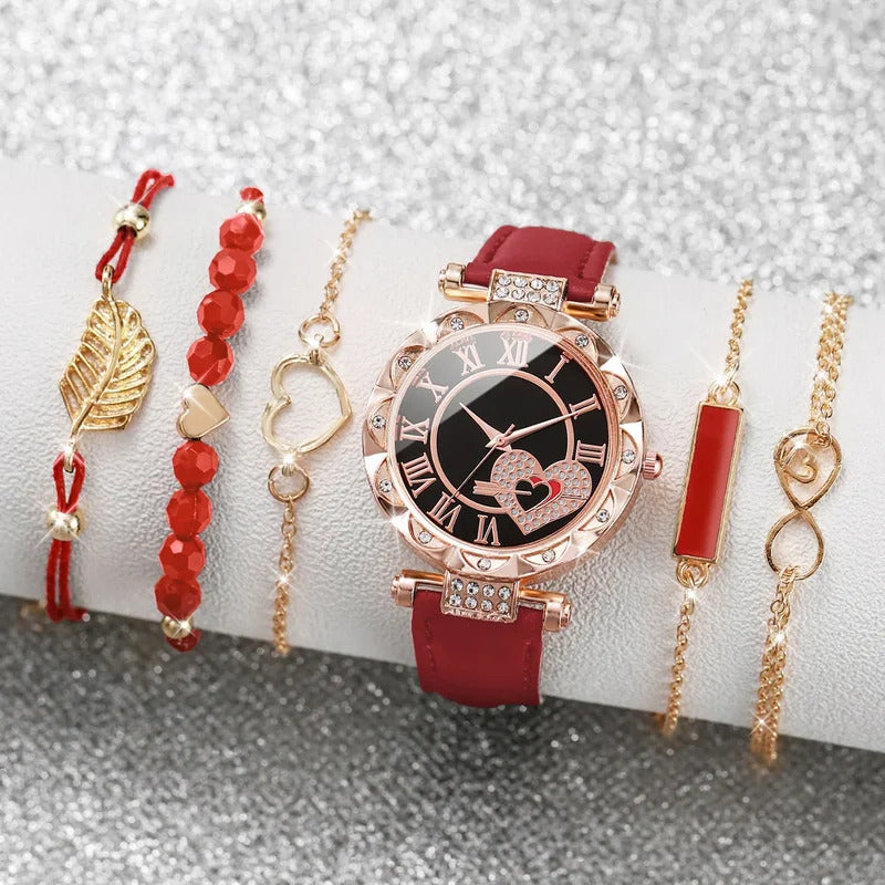 6PCS/Set Women's Watch Fashion Roma Heart Dial Leather Band Quartz Watches Leaf Bracelets Set(Without Box)
