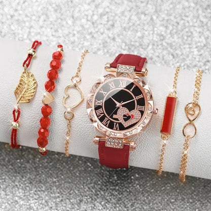 6PCS/Set Women's Watch Fashion Roma Heart Dial Leather Band Quartz Watches Leaf Bracelets Set(Without Box)