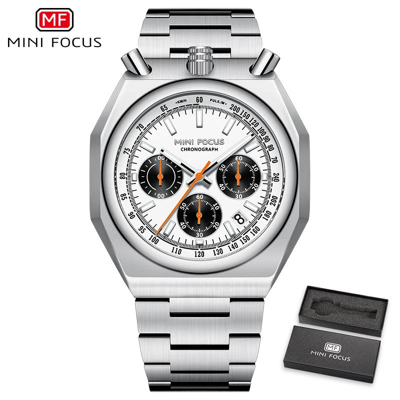 MINI FOCUS Fashion Multifunctional Quartz Watch for Men Calendar Luminous Luxury Stainless Steel Strap Bull Head Mens Watches