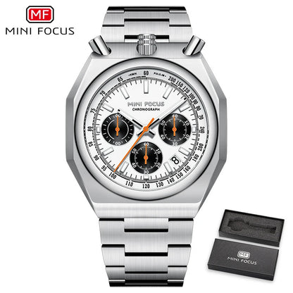 MINI FOCUS Fashion Multifunctional Quartz Watch for Men Calendar Luminous Luxury Stainless Steel Strap Bull Head Mens Watches