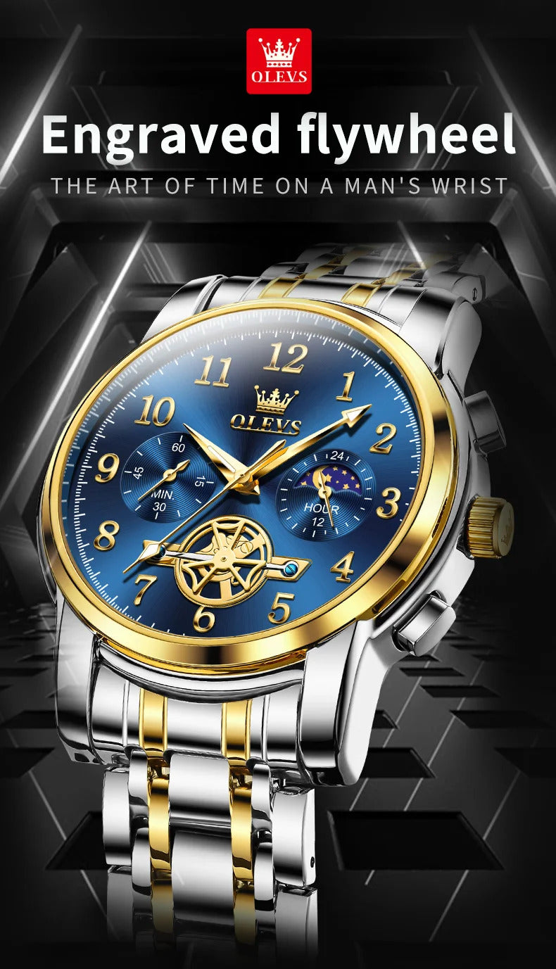 OLEVS 2900 Moon Phase Watch Men Stainless Steel Waterpoof Luminous  Fashion Skeleton Chronograph Quartz Wrist Watch for Men NEW