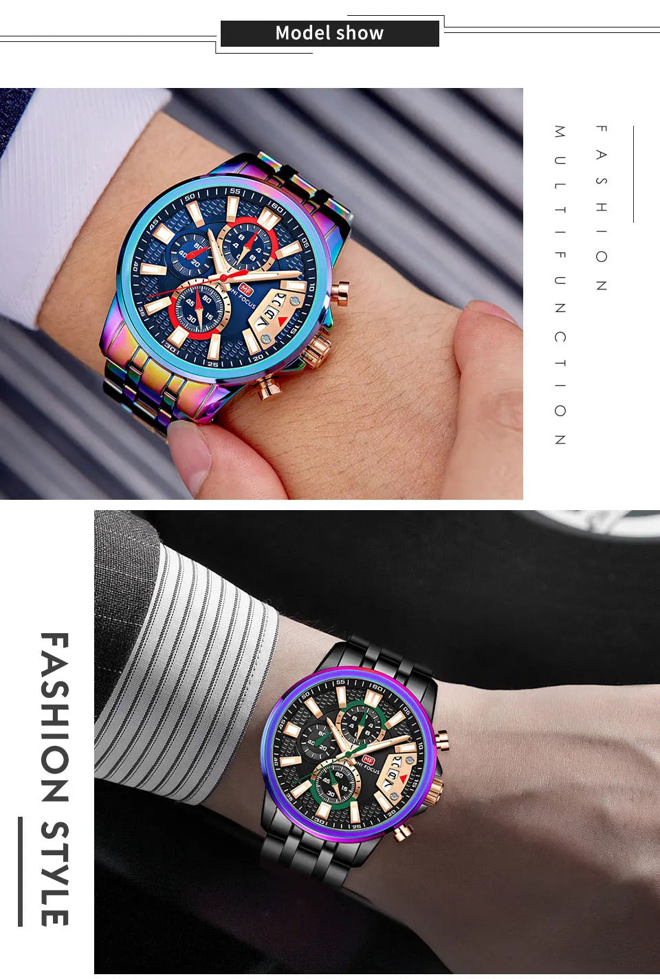 MINI FOCUS Chronograph Quartz Watch for Men with Stainless Steel Bracelet Luxury Sport Analog Wristwatch with Date Black Purple