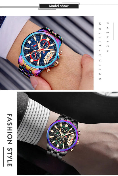 MINI FOCUS Chronograph Quartz Watch for Men with Stainless Steel Bracelet Luxury Sport Analog Wristwatch with Date Black Purple