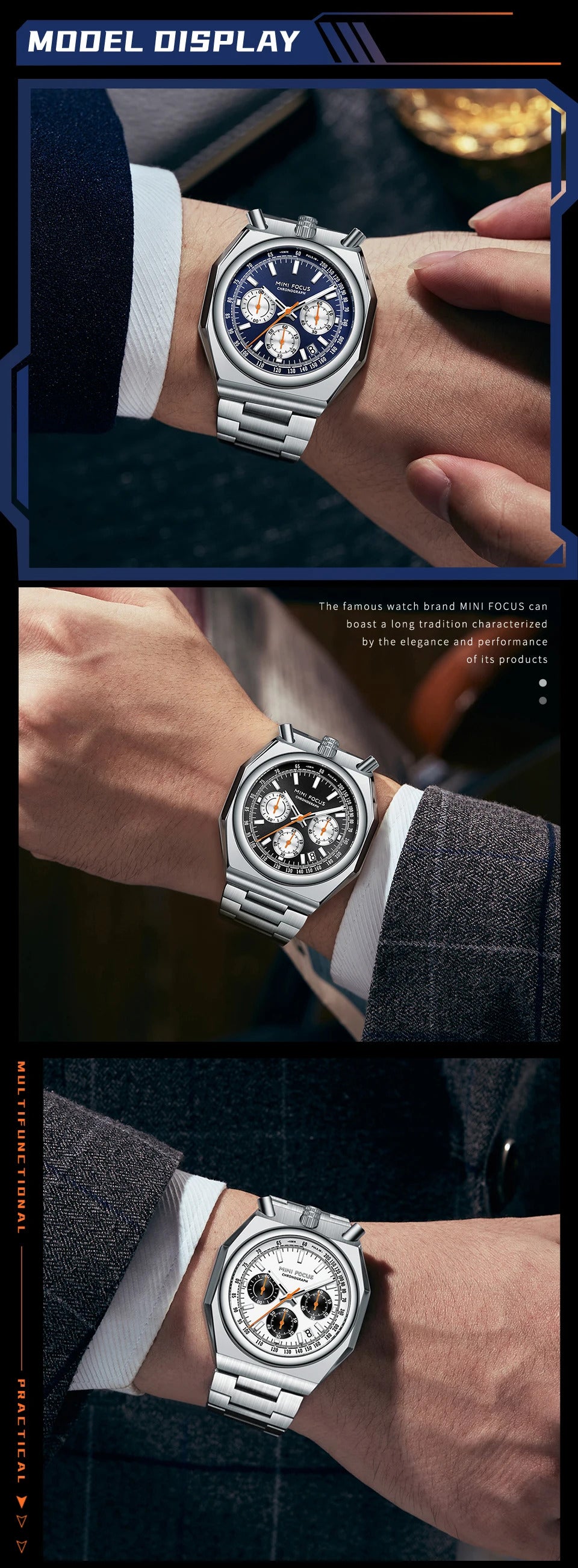 MINI FOCUS Fashion Multifunctional Quartz Watch for Men Calendar Luminous Luxury Stainless Steel Strap Bull Head Mens Watches