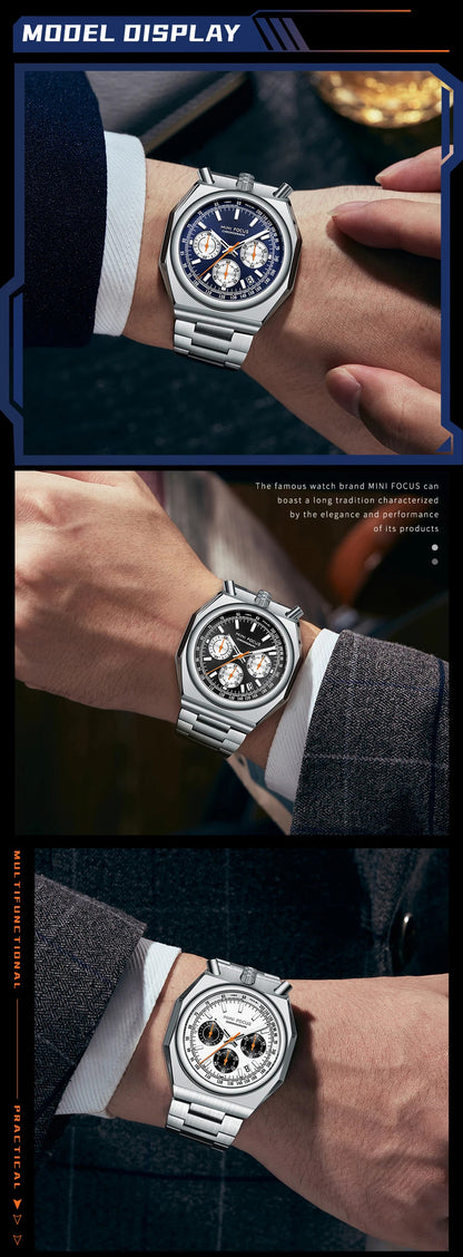 MINI FOCUS Fashion Multifunctional Quartz Watch for Men Calendar Luminous Luxury Stainless Steel Strap Bull Head Mens Watches