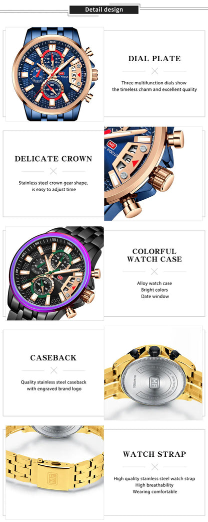 MINI FOCUS Chronograph Quartz Watch for Men with Stainless Steel Bracelet Luxury Sport Analog Wristwatch with Date Black Purple