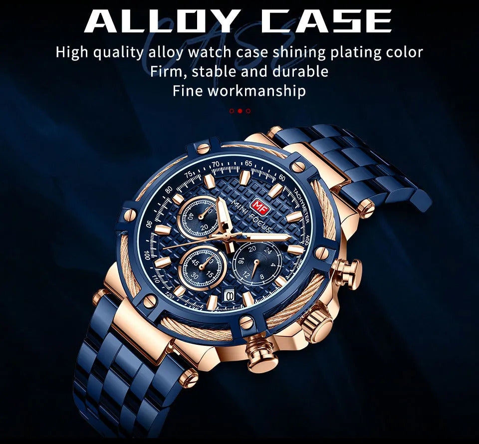 MINI FOCUS Analog Quartz Dress Watch Men Silver Blue Stainless Steel Band Chronograph Luminous Wristwatch with Date 24-hour 0470