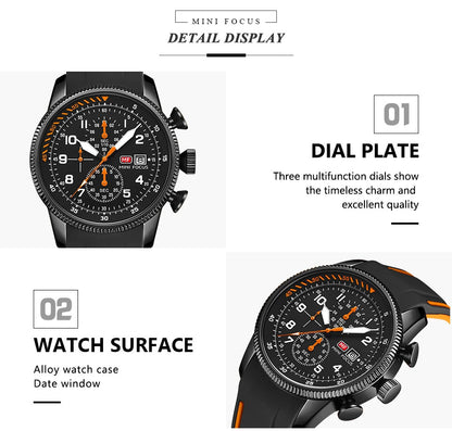 MINI FOCUS Sport Quartz Watch for Men Fashion Waterproof Chronograph Wristwatch with Blue Silicone Strap Auto Date Luminous 0379