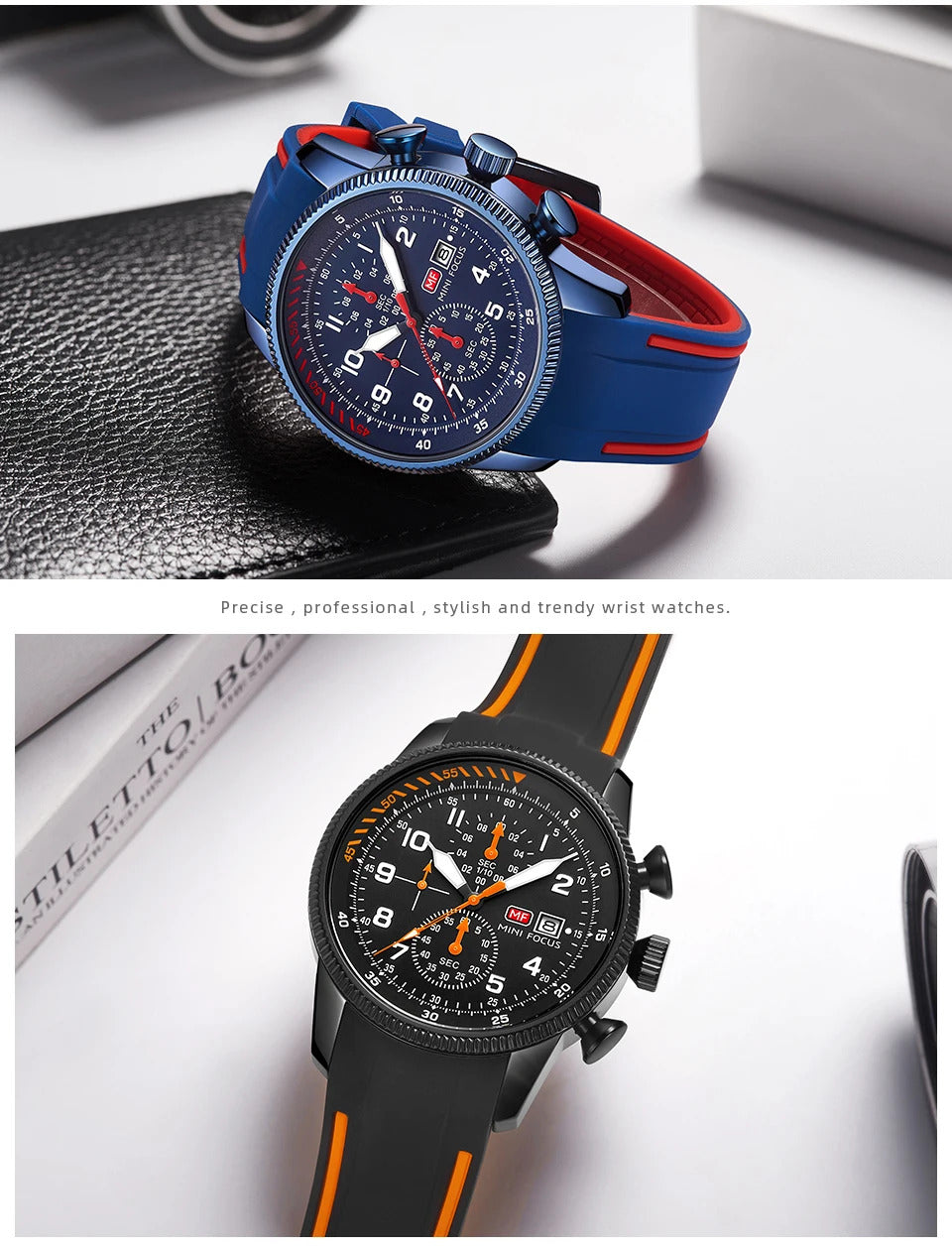 MINI FOCUS Sport Quartz Watch for Men Fashion Waterproof Chronograph Wristwatch with Blue Silicone Strap Auto Date Luminous 0379