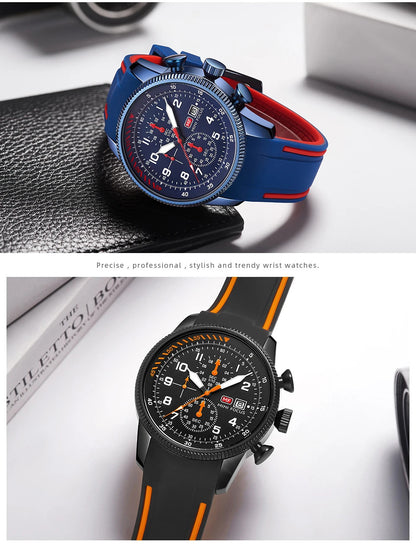 MINI FOCUS Sport Quartz Watch for Men Fashion Waterproof Chronograph Wristwatch with Blue Silicone Strap Auto Date Luminous 0379