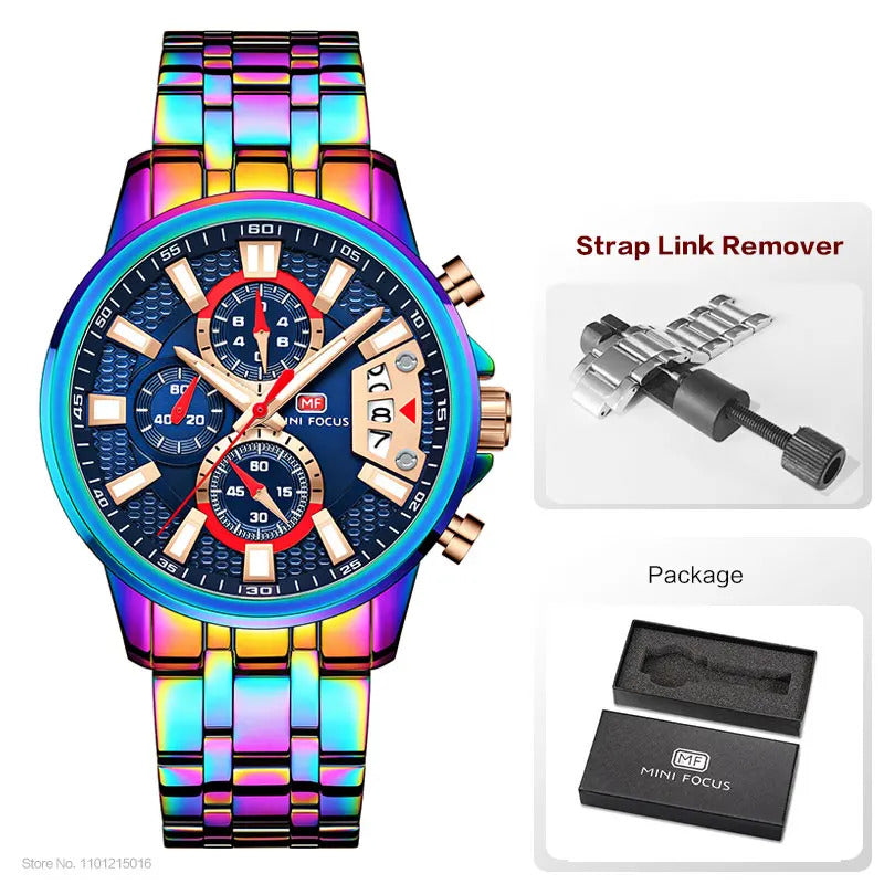 MINI FOCUS Chronograph Quartz Watch for Men with Stainless Steel Bracelet Luxury Sport Analog Wristwatch with Date Black Purple