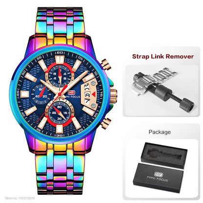 MINI FOCUS Chronograph Quartz Watch for Men with Stainless Steel Bracelet Luxury Sport Analog Wristwatch with Date Black Purple