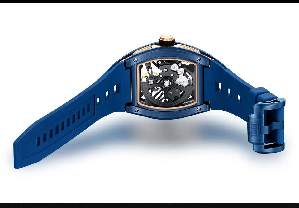 MINI FOCUS Men Wristwatch Fashion Black Waterproof Automatic Mechanical Watch with Luminous Hands Silicone Strap Tonneau Dial