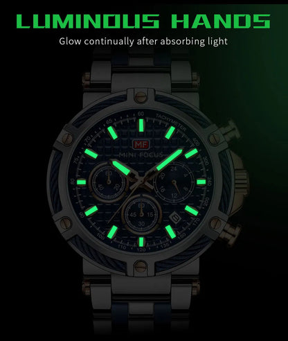 MINI FOCUS Analog Quartz Dress Watch Men Silver Blue Stainless Steel Band Chronograph Luminous Wristwatch with Date 24-hour 0470
