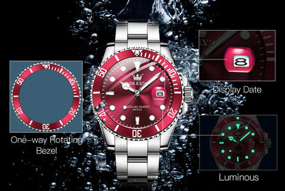 OLEVS 5885 Luxury Men Watch Diving Series Deep Waterproof Auto Date Stainless steel NEW Red Dial Original Wristwatch