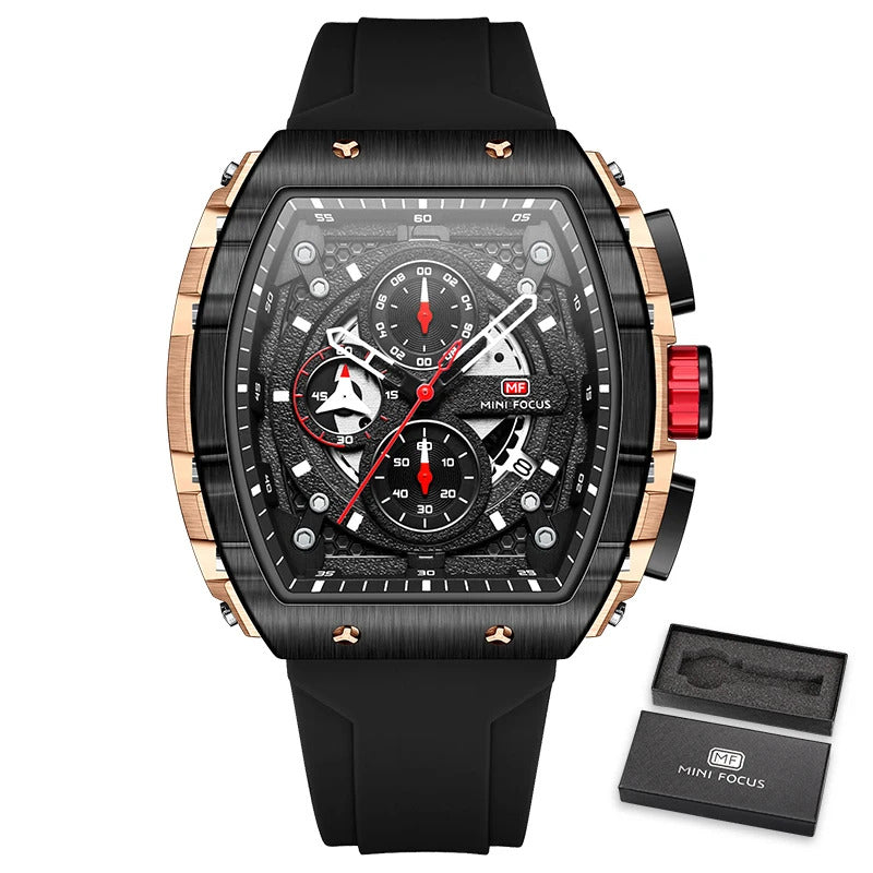 MINI FOCUS Sport Chronograph Quartz Watch for Men Fashion Blue Silicone Strap Tonneau Dial Wristwatch with Date 3atm Waterproof