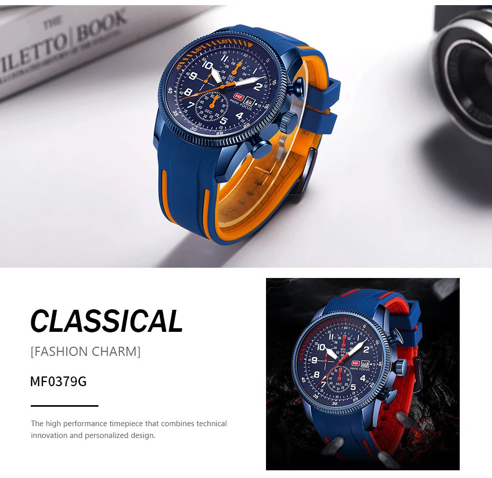 MINI FOCUS Sport Quartz Watch for Men Fashion Waterproof Chronograph Wristwatch with Blue Silicone Strap Auto Date Luminous 0379