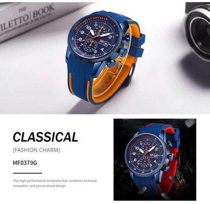 MINI FOCUS Sport Quartz Watch for Men Fashion Waterproof Chronograph Wristwatch with Blue Silicone Strap Auto Date Luminous 0379