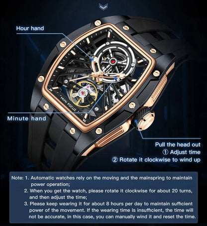 MINI FOCUS Men Wristwatch Fashion Black Waterproof Automatic Mechanical Watch with Luminous Hands Silicone Strap Tonneau Dial