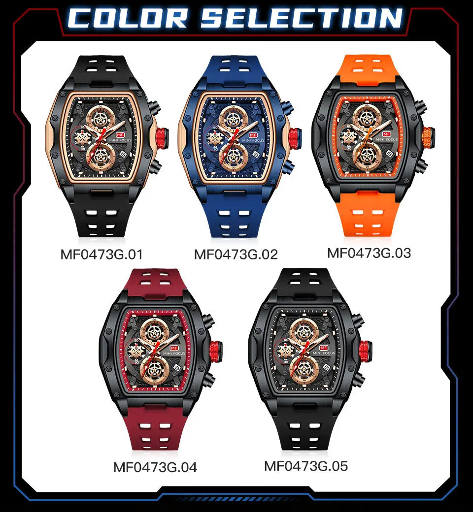 MINI FOCUS Blue Quartz Watch Men Fashion Military Sport Chronograph Wristwatch with Luminous Hands Auto Date Silicone Strap