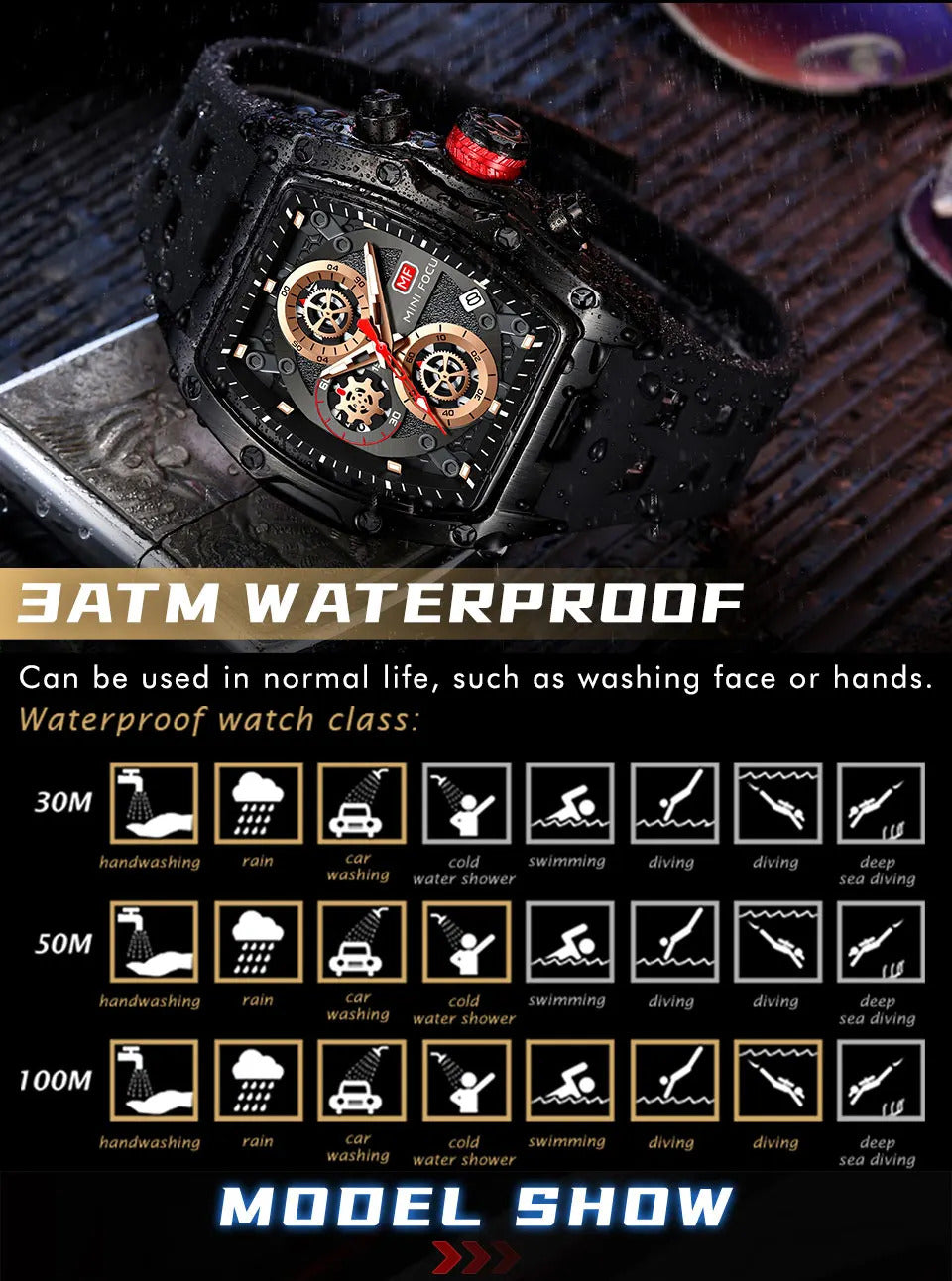 MINI FOCUS Blue Quartz Watch Men Fashion Military Sport Chronograph Wristwatch with Luminous Hands Auto Date Silicone Strap