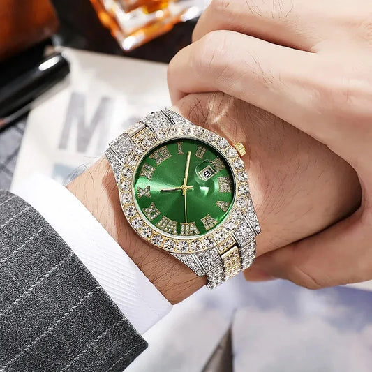 Personalized Hip Hop Watch with Shiny Rhinestones for Men, Luxury Clock, Band Length, Iced Steel Belt, 40mm Diameter Glass Dial