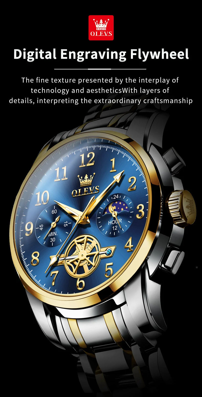 OLEVS 2900 Moon Phase Watch Men Stainless Steel Waterpoof Luminous  Fashion Skeleton Chronograph Quartz Wrist Watch for Men NEW