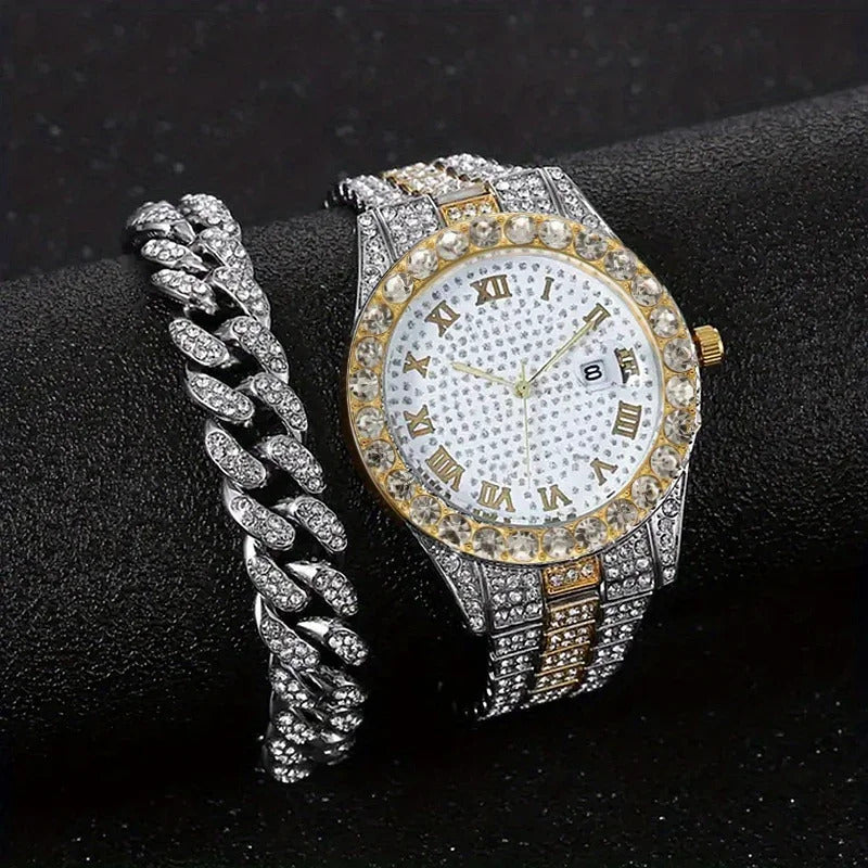 Fashion Hip-hop Cuban Bracelet & Men's Steel Band Faux Diamond Watch, Fashion Men's Watch Set