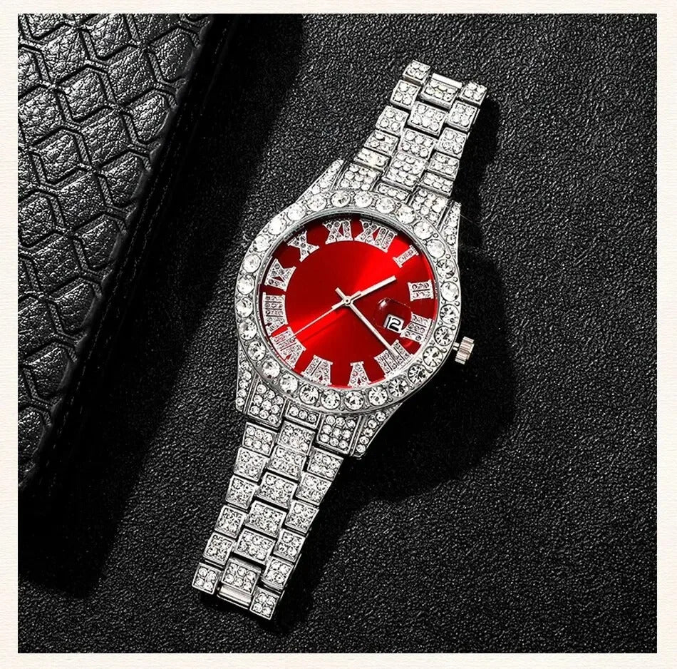 Fashion rhinestone watch hip hop 14mm claw cuban chain rapper cuban necklace set men and women punk party gift