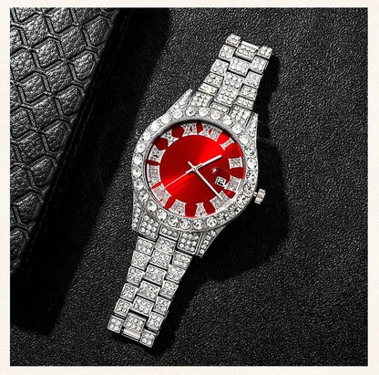 Fashion rhinestone watch hip hop 14mm claw cuban chain rapper cuban necklace set men and women punk party gift