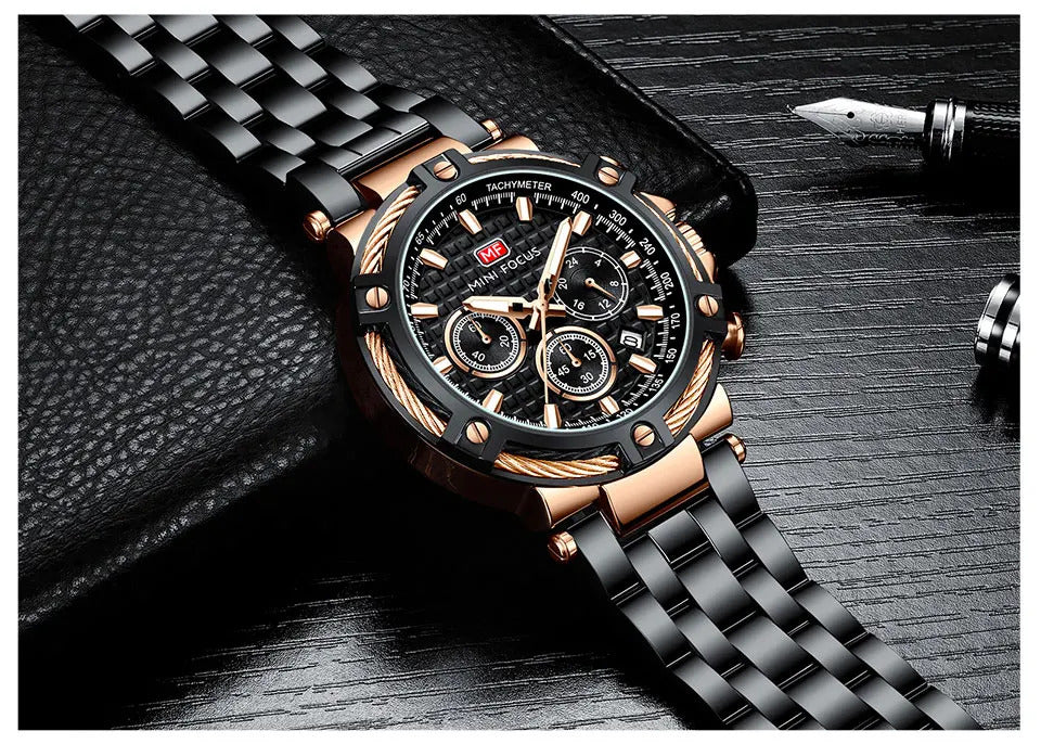 MINI FOCUS Analog Quartz Dress Watch Men Silver Blue Stainless Steel Band Chronograph Luminous Wristwatch with Date 24-hour 0470