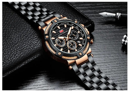 MINI FOCUS Analog Quartz Dress Watch Men Silver Blue Stainless Steel Band Chronograph Luminous Wristwatch with Date 24-hour 0470