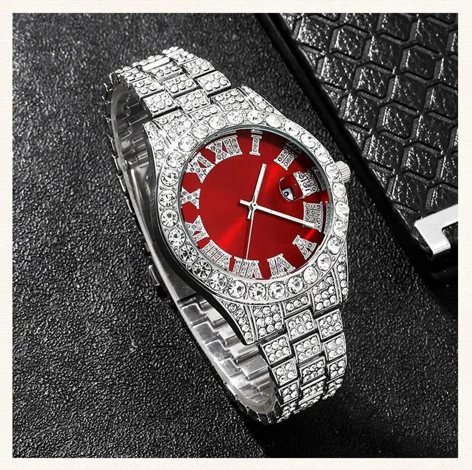 Fashion rhinestone watch hip hop 14mm claw cuban chain rapper cuban necklace set men and women punk party gift