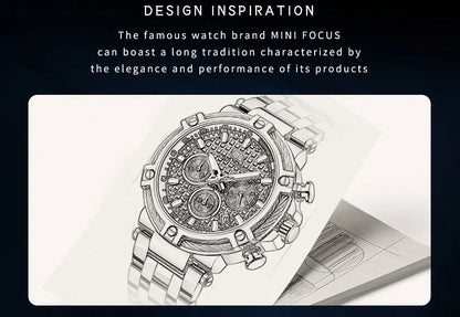 MINI FOCUS Analog Quartz Dress Watch Men Silver Blue Stainless Steel Band Chronograph Luminous Wristwatch with Date 24-hour 0470