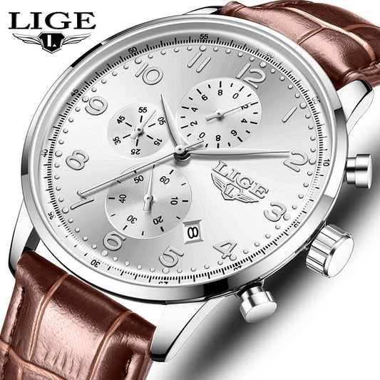 LIGE New Mens Watches Top Brand Luxury Military Quartz Watch For Men Fashion Leather Sports Waterproof Chronograph Reloj Hombre