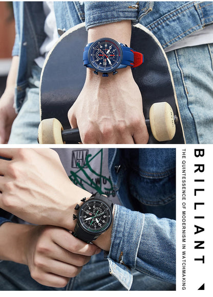 MINI FOCUS Sport Quartz Watch for Men Fashion Waterproof Chronograph Wristwatch with Blue Silicone Strap Auto Date Luminous 0379
